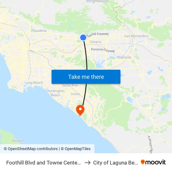 Foothill Blvd and Towne Center Dr E to City of Laguna Beach map