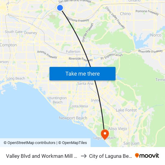 Valley Blvd and Workman Mill Rd W to City of Laguna Beach map