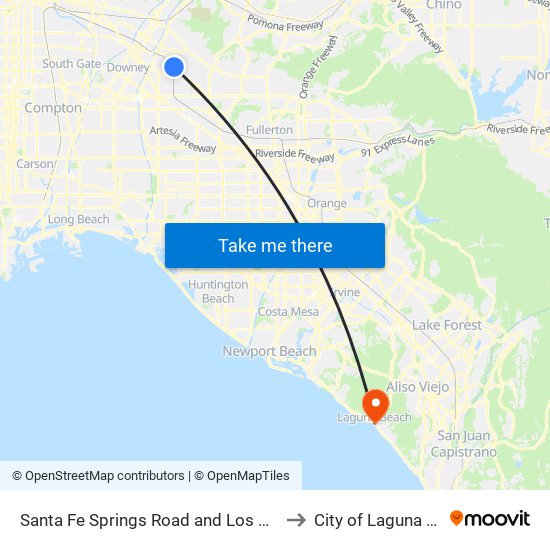 Santa Fe Springs Road and Los Nietos Roa to City of Laguna Beach map