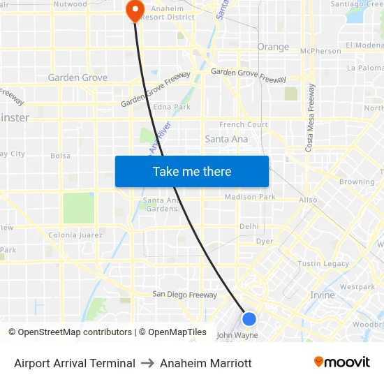 Airport Arrival Terminal to Anaheim Marriott map