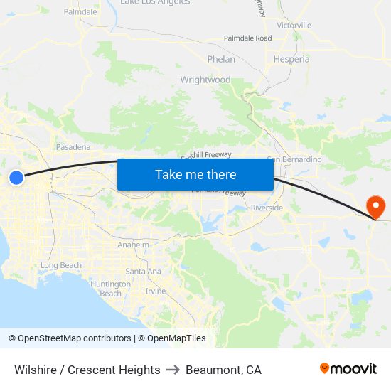 Wilshire / Crescent Heights to Beaumont, CA map