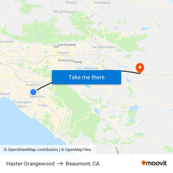 Haster-Orangewood to Beaumont, CA map