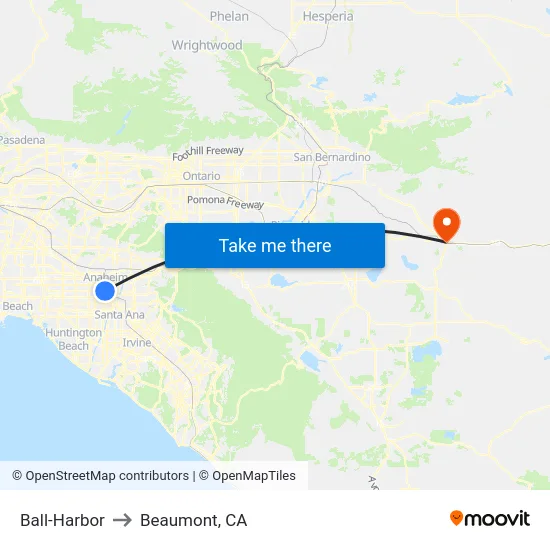Ball-Harbor to Beaumont, CA map
