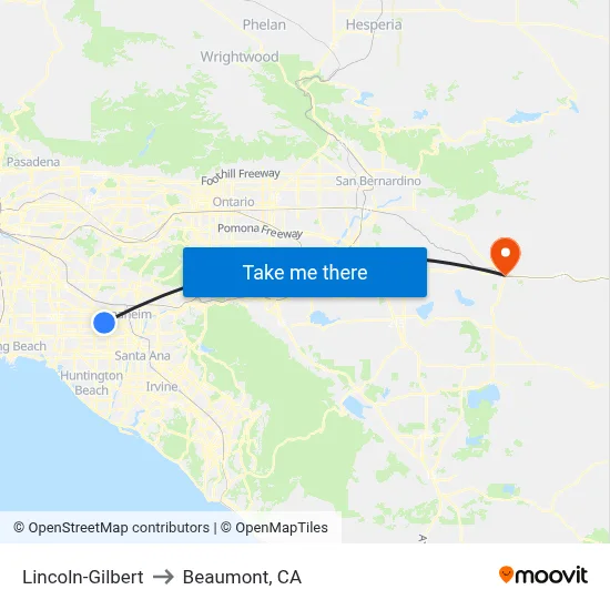 Lincoln-Gilbert to Beaumont, CA map