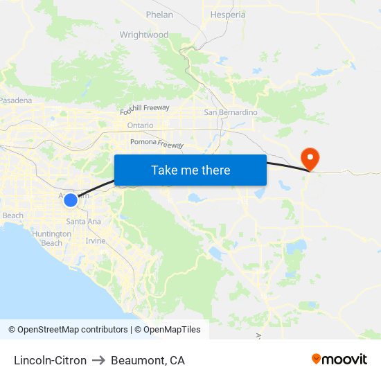 Lincoln-Citron to Beaumont, CA map