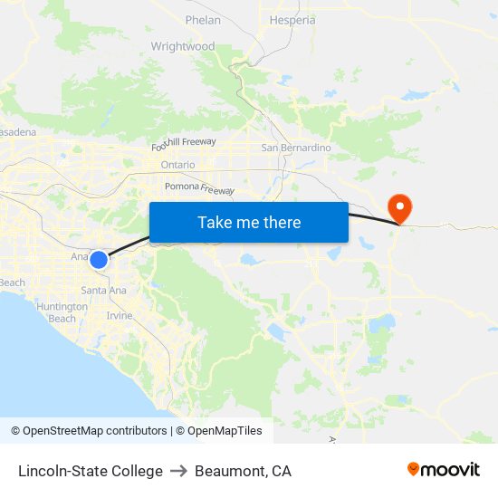 Lincoln-State College to Beaumont, CA map