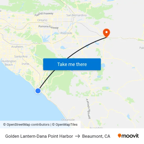 Golden Lantern-Dana Point Harbor to Beaumont, CA map