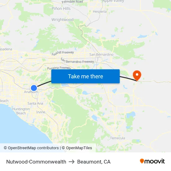 Nutwood-Commonwealth to Beaumont, CA map