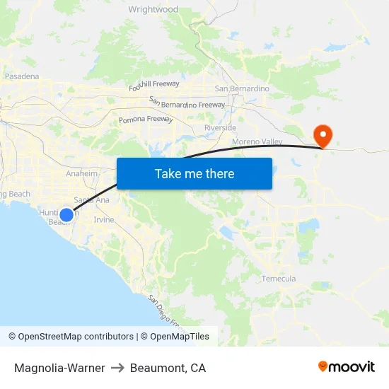Magnolia-Warner to Beaumont, CA map