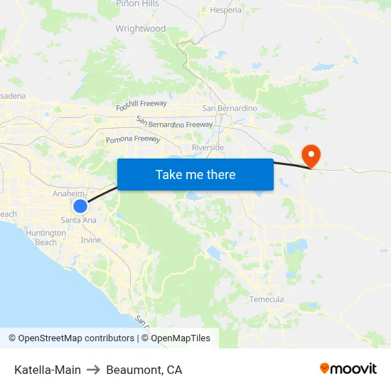 Katella-Main to Beaumont, CA map