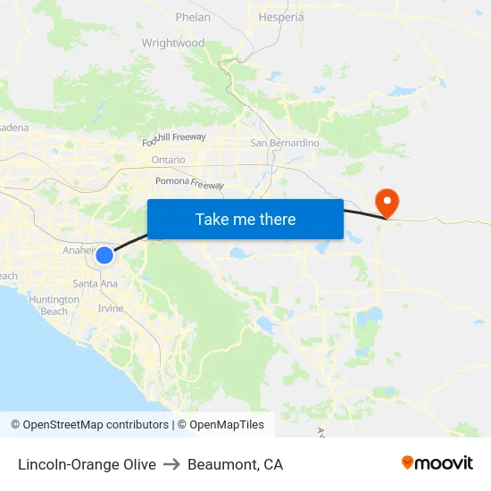 Lincoln-Orange Olive to Beaumont, CA map