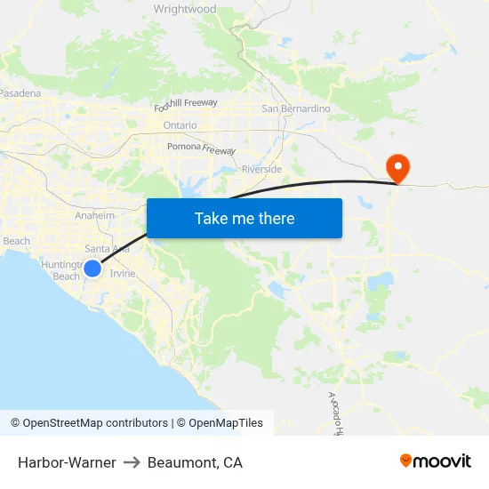 Harbor-Warner to Beaumont, CA map