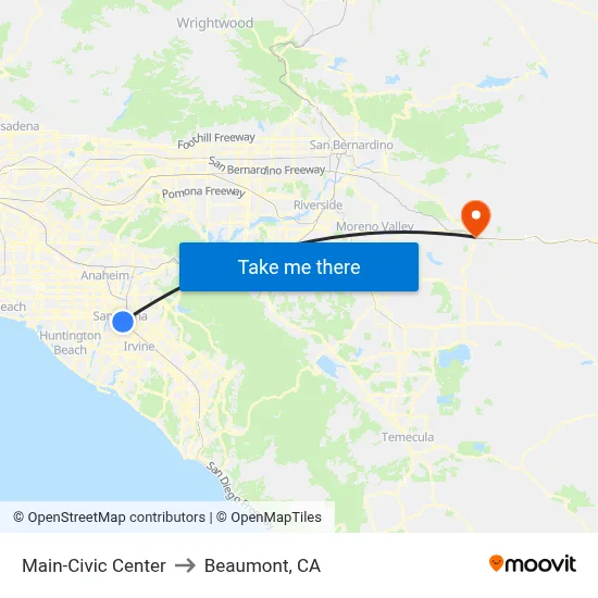 Main-Civic Center to Beaumont, CA map