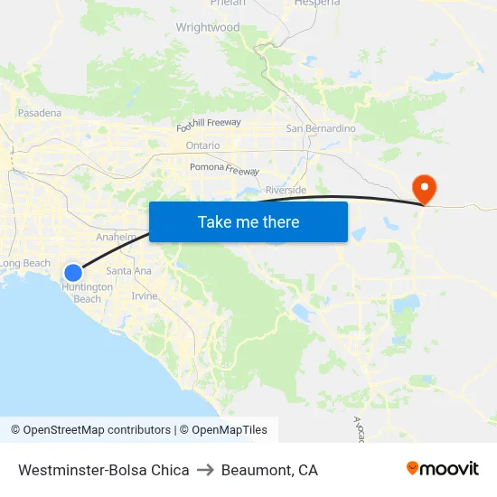 Westminster-Bolsa Chica to Beaumont, CA map