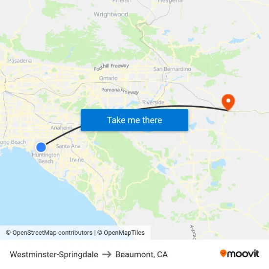 Westminster-Springdale to Beaumont, CA map