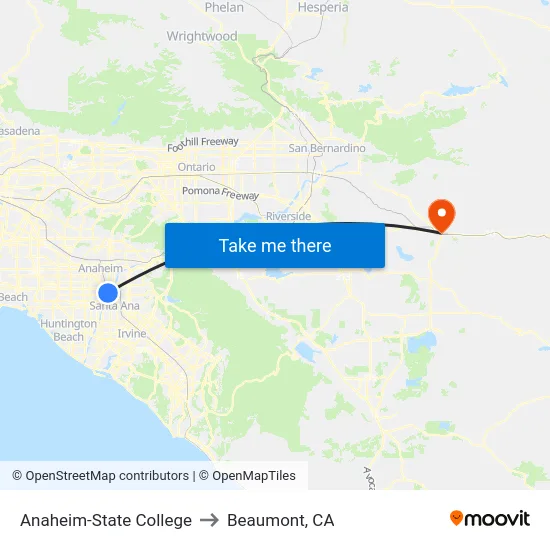 Anaheim-State College to Beaumont, CA map