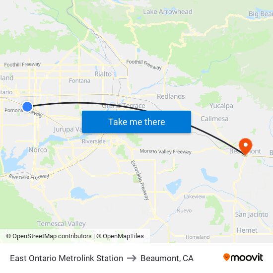 East Ontario Metrolink Station to Beaumont, CA map