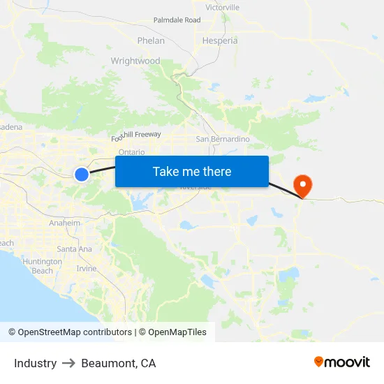 Industry to Beaumont, CA map