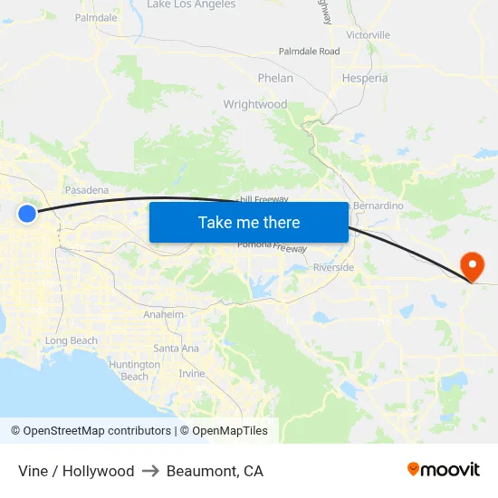 Vine / Hollywood to Beaumont, CA map