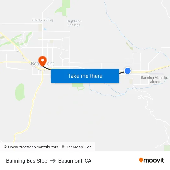 Banning Bus Stop to Beaumont, CA map