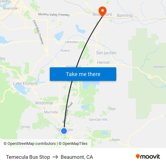 Temecula Bus Stop to Beaumont, CA map