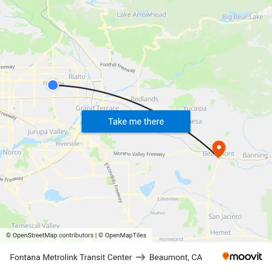 Fontana Metrolink Transit Center to Beaumont, CA map