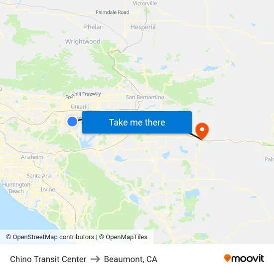 Chino Transit Center to Beaumont, CA map