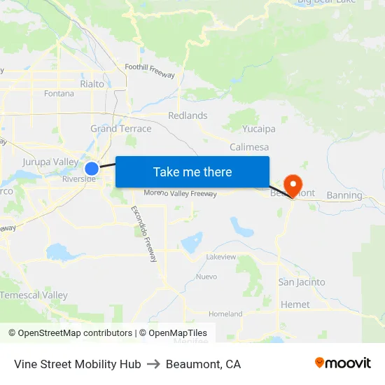 Vine Street Mobility Hub to Beaumont, CA map
