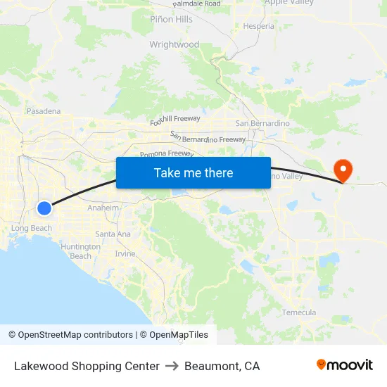 Lakewood Shopping Center to Beaumont, CA map