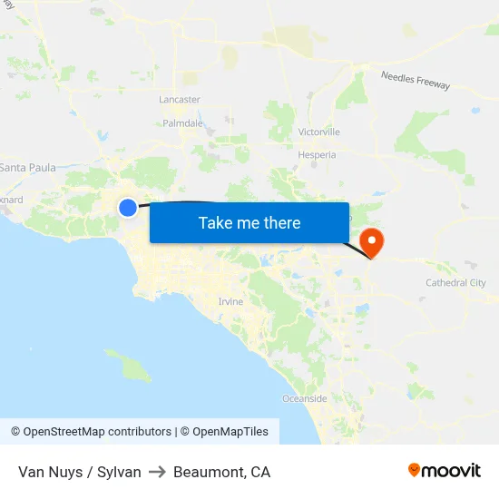 Van Nuys / Sylvan to Beaumont, CA map