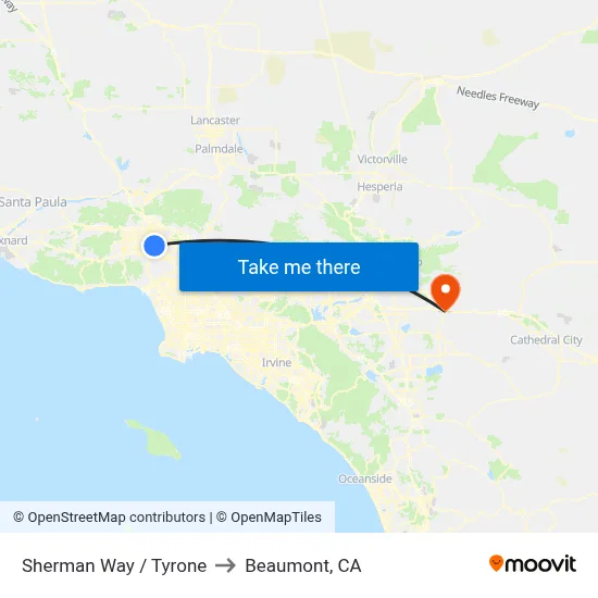 Sherman Way / Tyrone to Beaumont, CA map