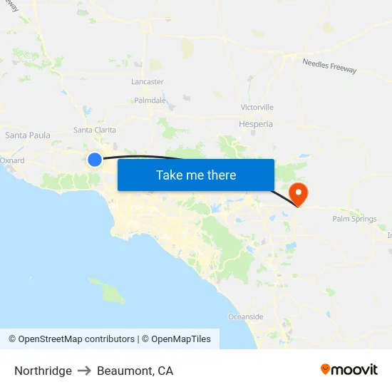 Northridge to Beaumont, CA map
