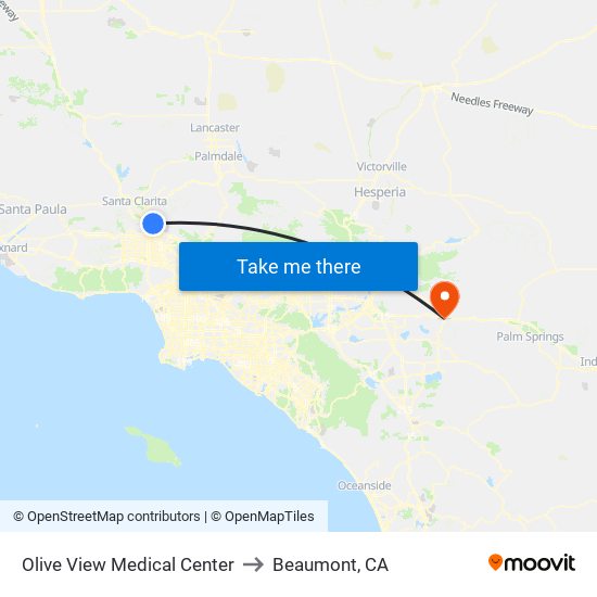 Olive View Medical Center to Beaumont, CA map