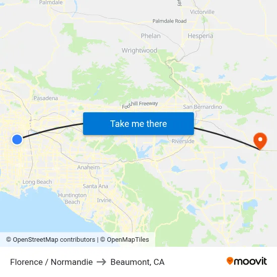 Florence / Normandie to Beaumont, CA map