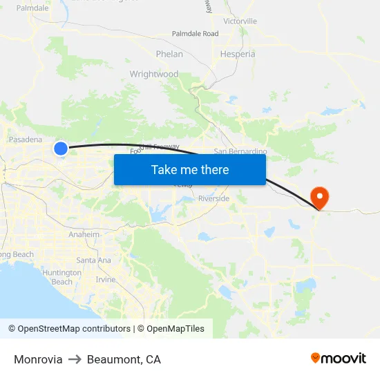 Monrovia to Beaumont, CA map
