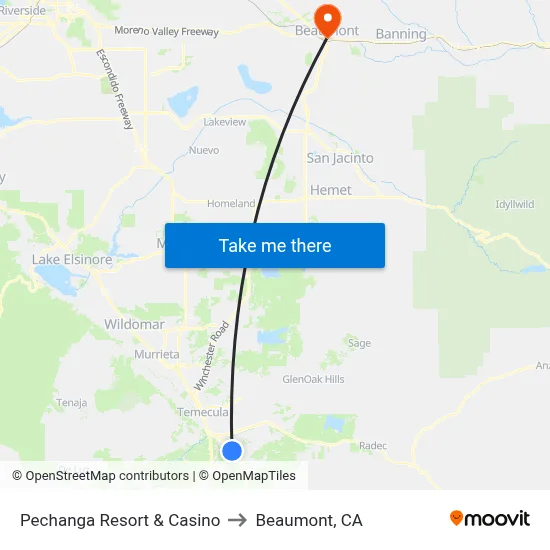Pechanga Resort & Casino to Beaumont, CA map
