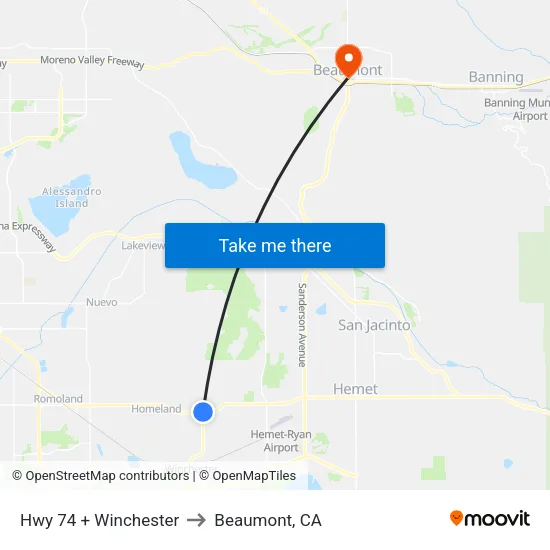 Hwy 74 + Winchester to Beaumont, CA map