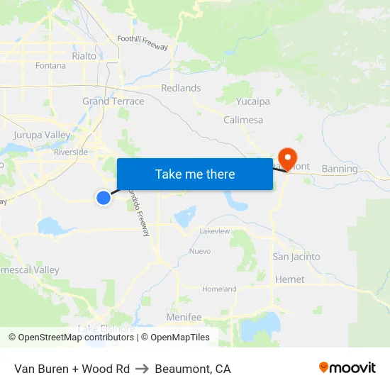 Van Buren + Wood Rd to Beaumont, CA map