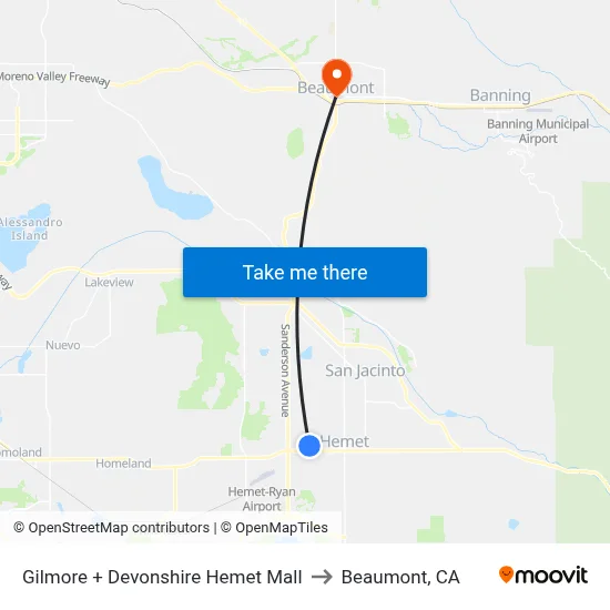 Gilmore + Devonshire Hemet Mall to Beaumont, CA map