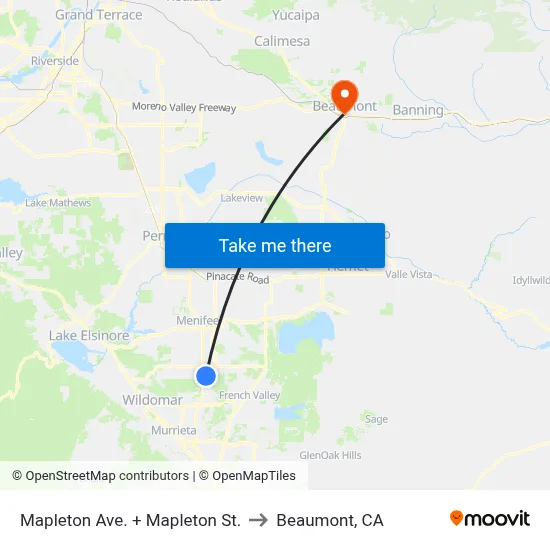 Mapleton Ave. + Mapleton St. to Beaumont, CA map