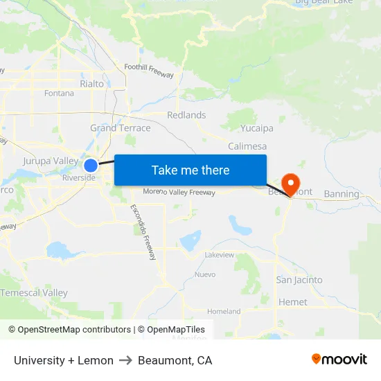 University + Lemon to Beaumont, CA map