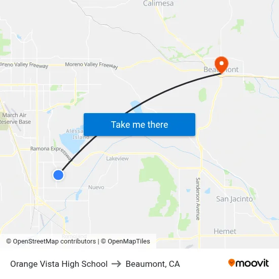 Orange Vista High School to Beaumont, CA map