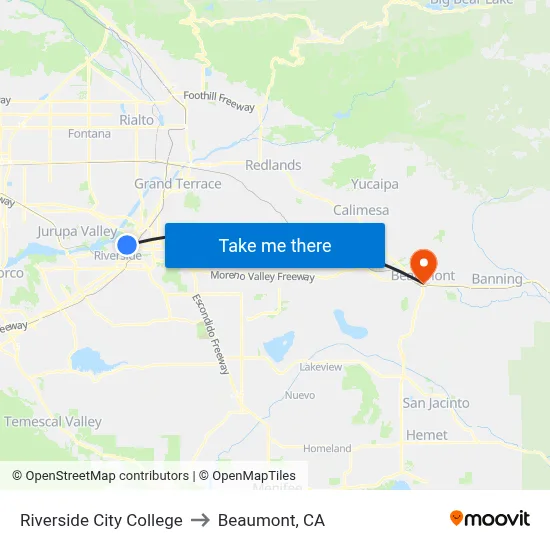 Riverside City College to Beaumont, CA map