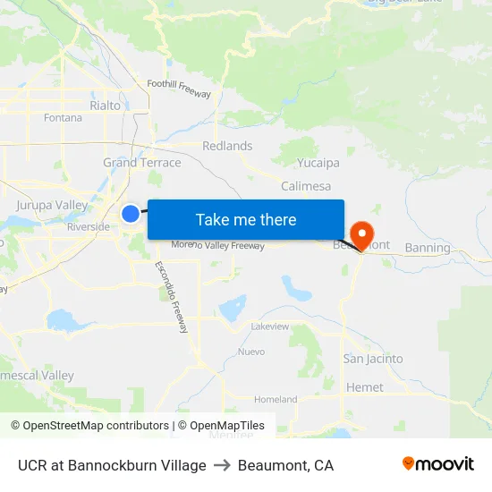 UCR at Bannockburn Village to Beaumont, CA map