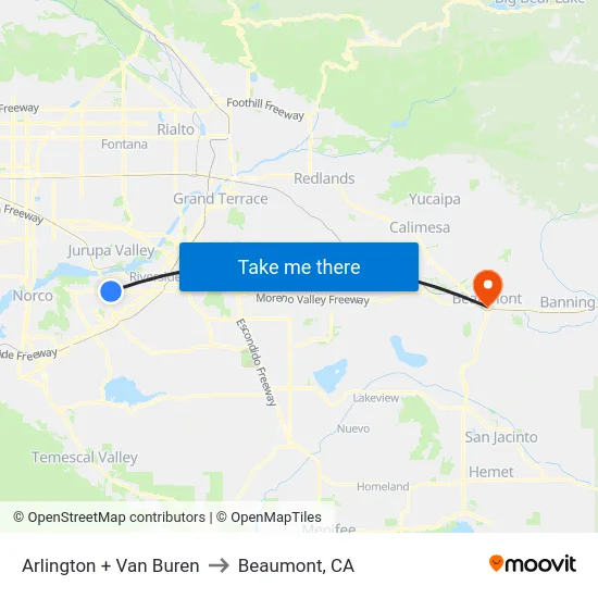 Arlington + Van Buren to Beaumont, CA map