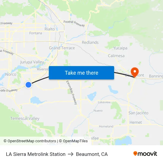 LA Sierra Metrolink Station to Beaumont, CA map
