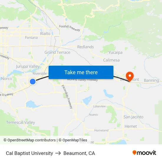 Cal Baptist University to Beaumont, CA map