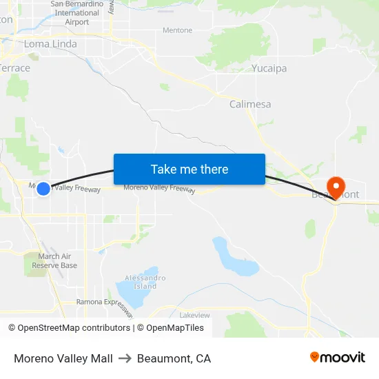 Moreno Valley Mall to Beaumont, CA map