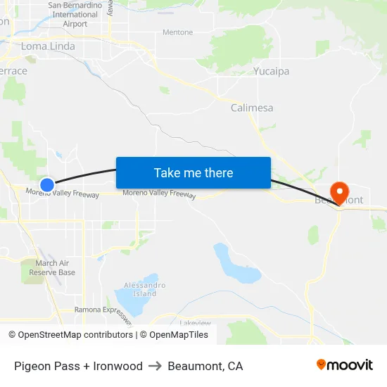 Pigeon Pass + Ironwood to Beaumont, CA map