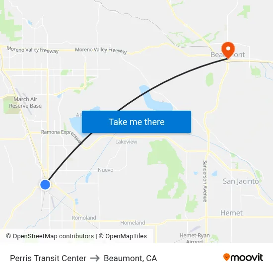 Perris Transit Center to Beaumont, CA map